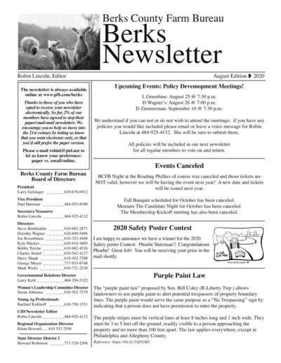Berks County Farm Bureau Newsletter - August 2020
