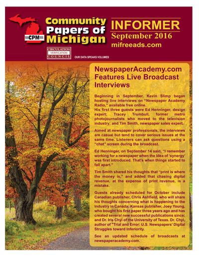 Community Papers of Michigan Newsletter - September 2016